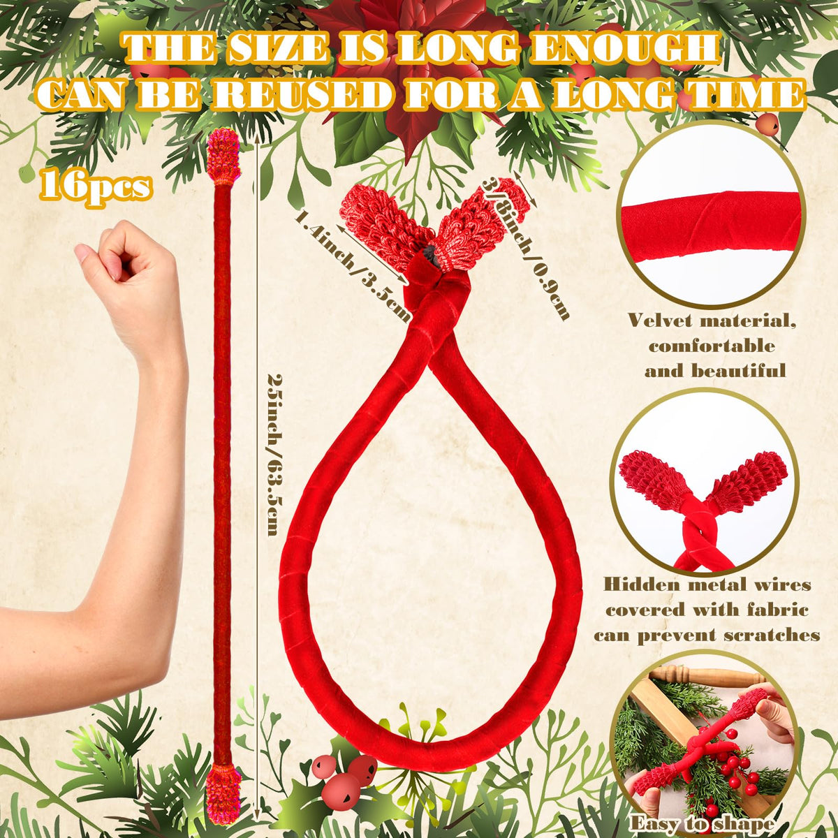 Jutom 16 Pcs 20 Inches Christmas Velvet Garland Ties Decorative Banister Twist Ties Reusable and Flexible for Xmas Light Banisters Home Stairways Railings Decoration(Red)