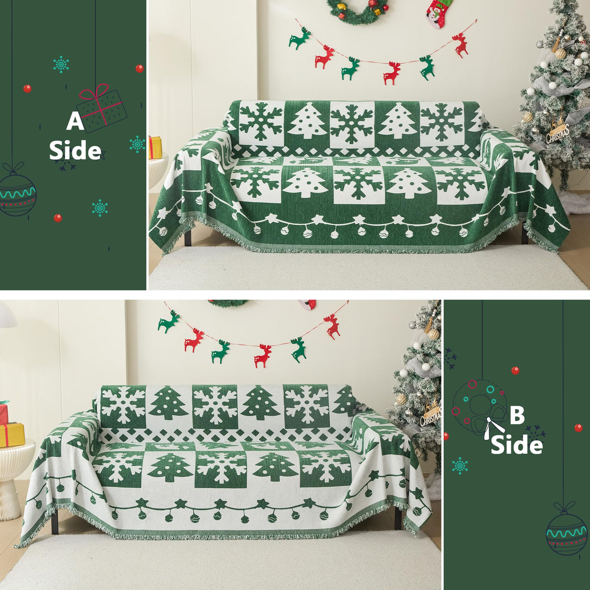 MEETSKY Christmas Couch Cover for Sectional Sofa, Chenille Loveseat Green Sofa Covers Washable for Pet Friendly Snowflake Christmas Tree Decorative Couch Covers, 71" x 102"