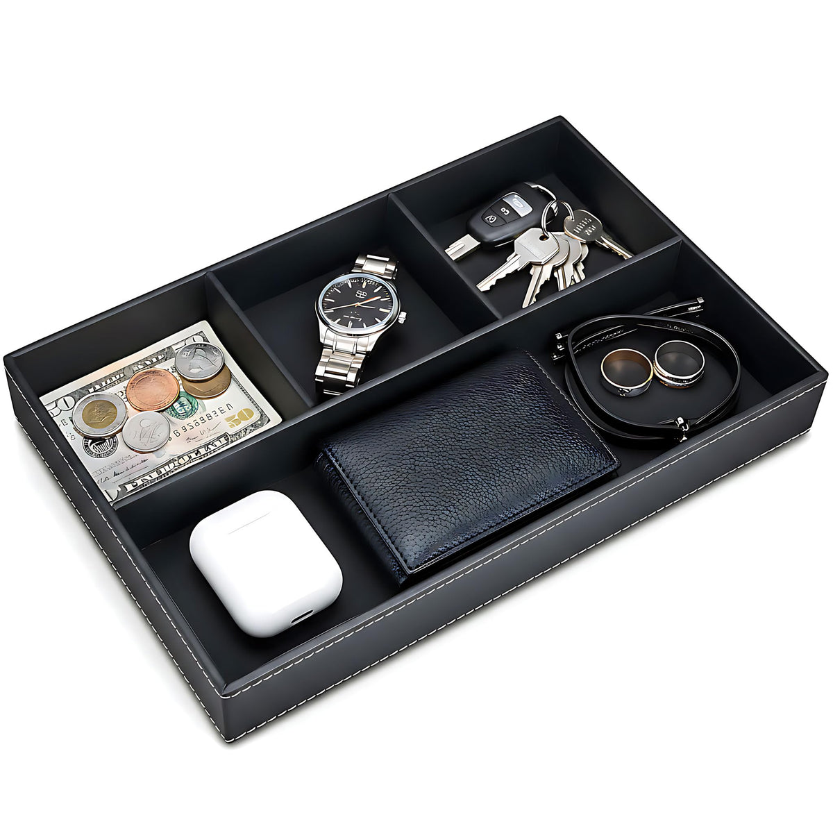 AUMISKY Leather Valet Tray Organizer, Stackable Nightstand & Dresser Storage Tray, Entryway Desk Catchall Tray for Keys Wallet Watch Phone, Bedside Desktop PU Leather Drawer Caddy Tray - Black
