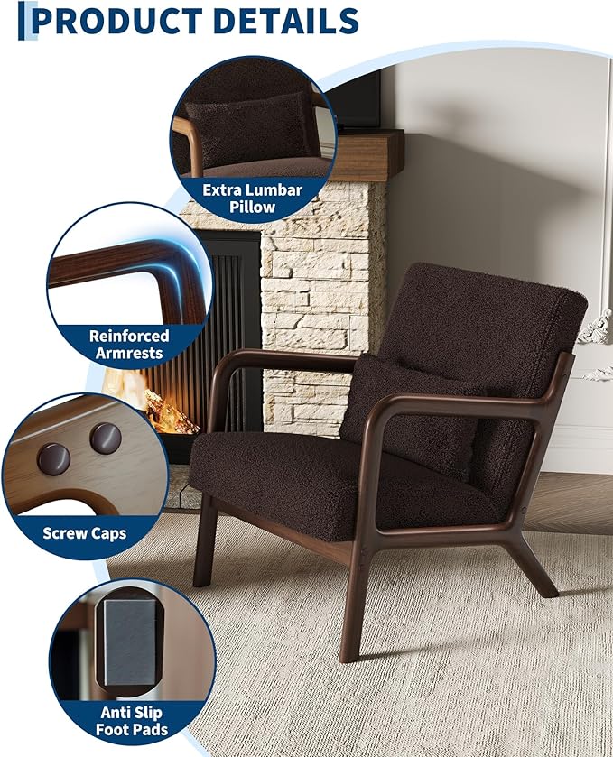 Garvee Mid-Century Modern Accent Chair, Sherpa Upholstery, Solid Wood Armchair