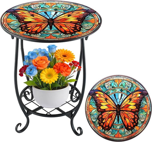 Cinnvoice Outdoor Side Table Round Small Mosaic Patio Accent Indoor End Plant