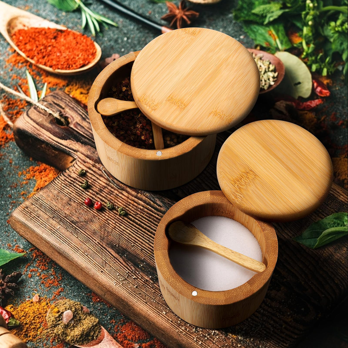 RAETTER.LY Natural bamboo Salt and Pepper Bowl, Bamboo Salt Cellar and Spices Storage Box With Built-in Spoon and Magnetic Swivel Lid (Two Compartments)