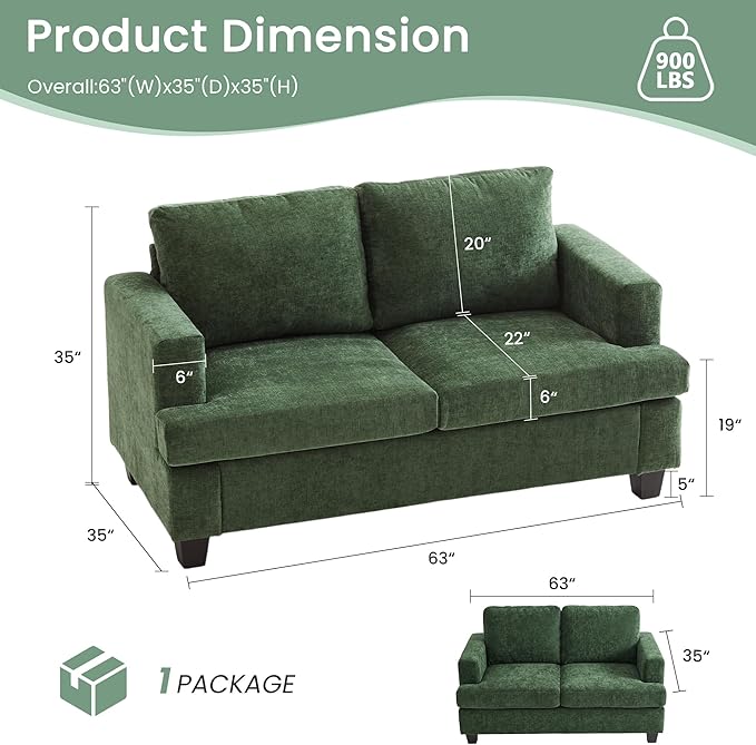 YOUDENOVA Sofa, 63” Comfy Loveseat Sofa