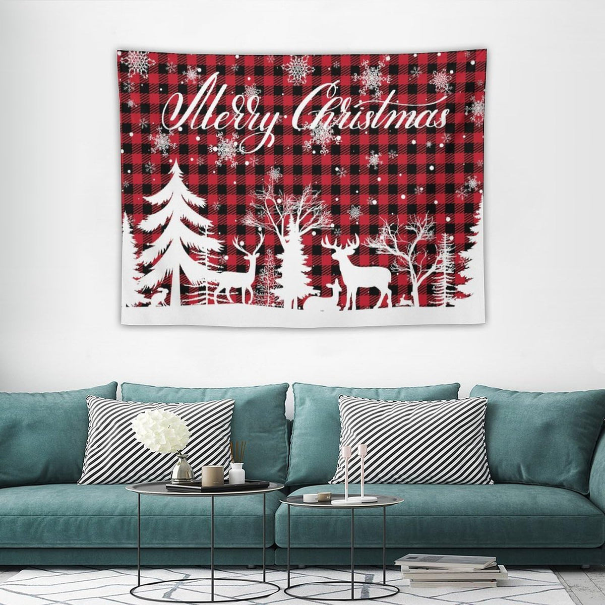 DDCBNS Christmas Reindeer Buffalo Plaid Hanging, Soft Xmas Tree Wall Art Home Decor for Bedroom, Living Room or Dorm 40" x 30"