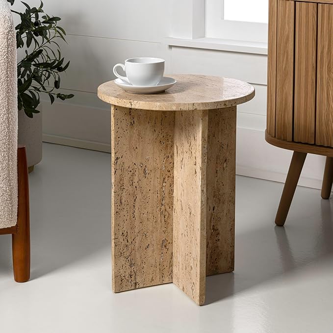 JONATHAN Y Javier Solid Travertine Marble End Table, 14-inch Round Modern
