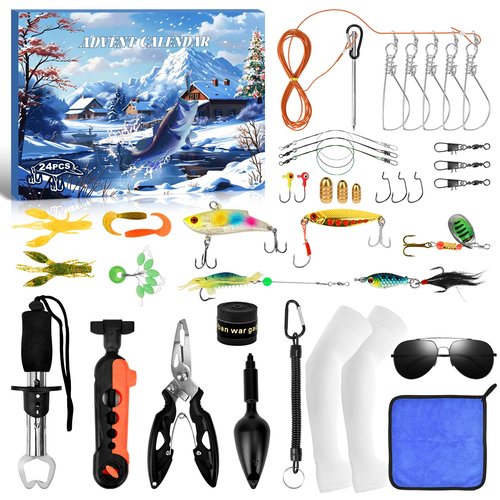 Fishing Advent Calendar 2026, 24 Days Christmas Countdown Calendar Fishing Lures Set with Soft/Hard Lures and Tools, Surprise Gifts for Men Adult Teen Boys Fish Lovers