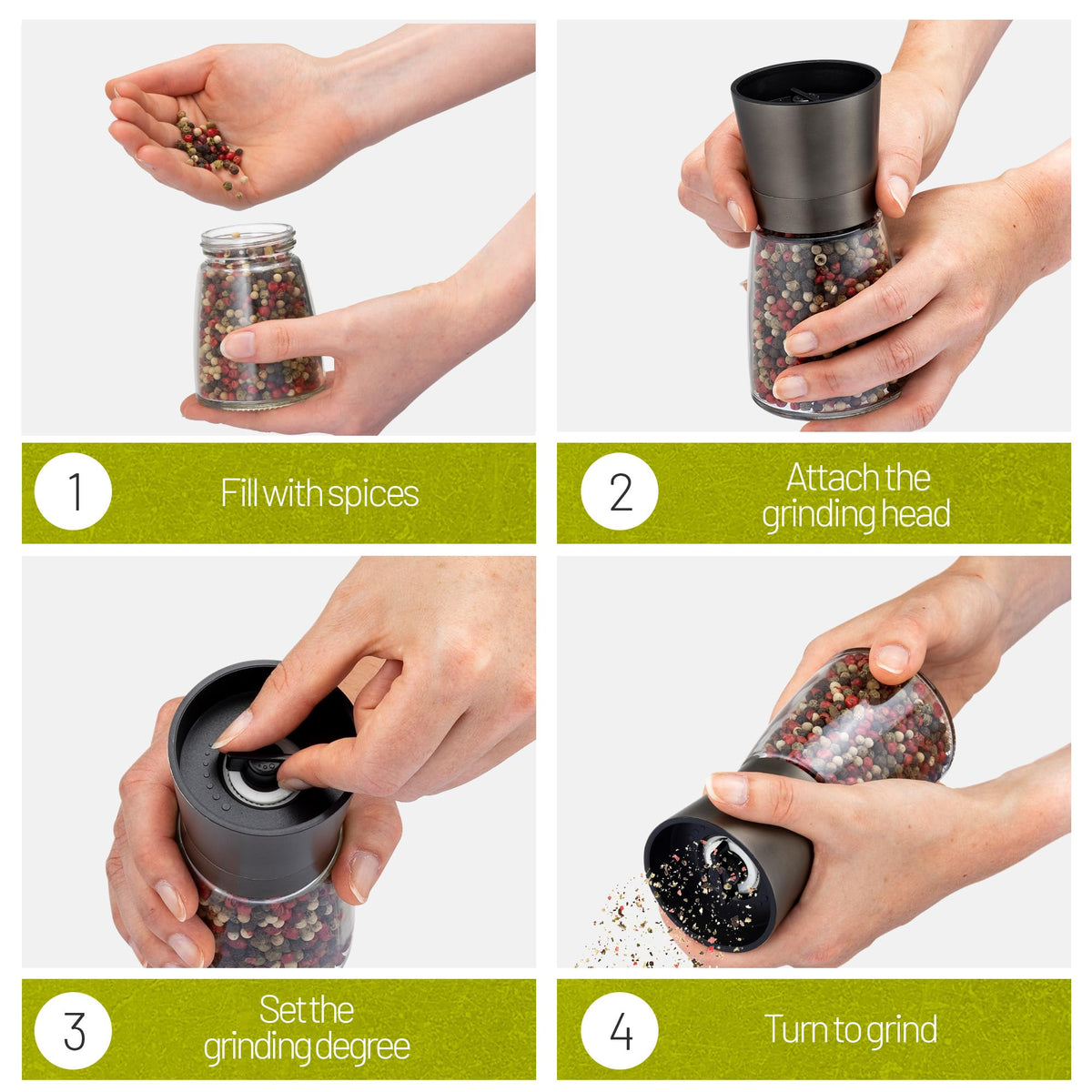 ZOLMER® Premium Stainless Steel Salt and Pepper Grinder Set manual | Adjustable Ceramic Grinder for Salt & Pepper- Black Pepper mill, Salt Grinder & Chili Mill [no spice included] (Small Black)