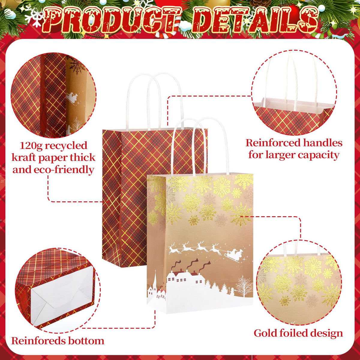24 Pcs Christmas Gold Foil Gift Bags with Handles, 6 Assorted Xmas Designs, 8.3 x 6 x 3.5'' Holiday Kraft Paper Red and Gold Gift Bags for Christmas New Year Winter Party Favor, Goody Treat Wrapping
