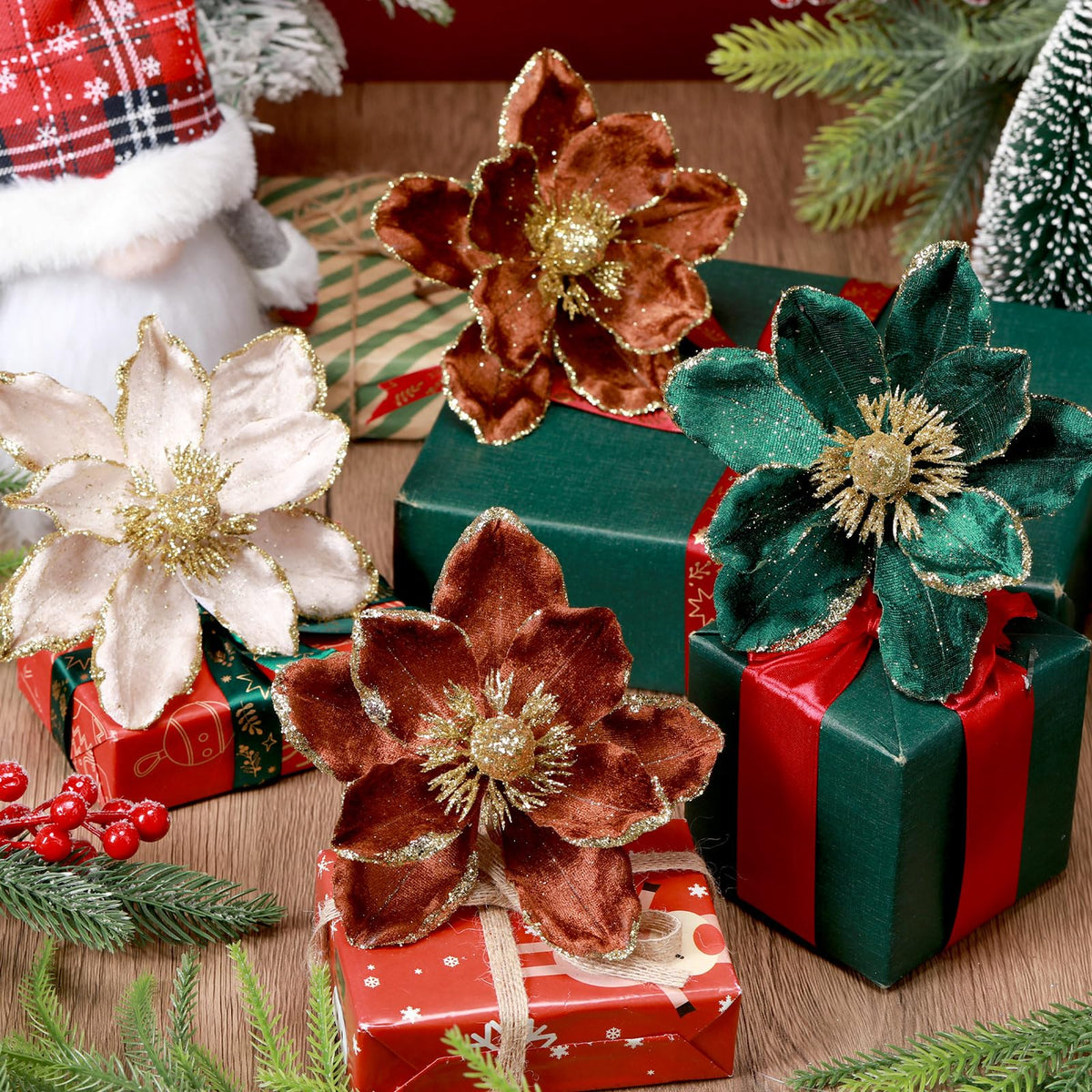 Suncalla 18 Pcs 5.9'' Large Christmas Magnolia Flower Artificial Glitter Velvet Christmas Tree Decoration Fold Xmas Ornaments for Tree Xmas Holiday Wedding Party New Year (Classic,White,Brown,Green)