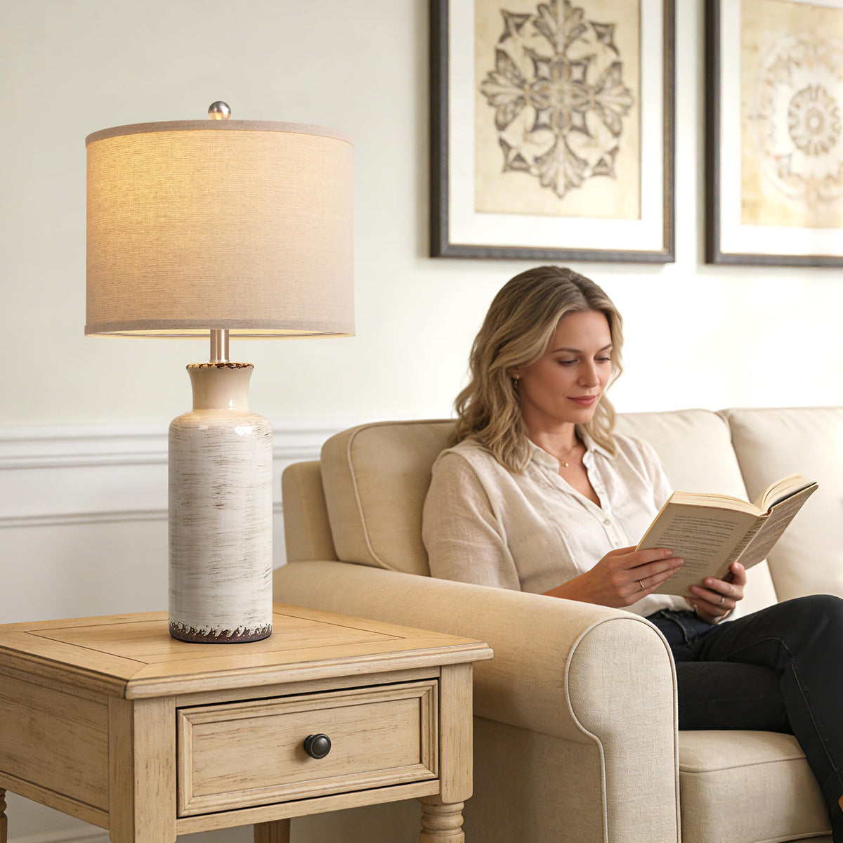 QiMH 25" Modern Lamps for Living Room, Unique Flowing Glazes Ceramic Table Lamp Set of 2 with Linen Lampshade, Beige Rustic Farmhouse Beside Lamps for Bedroom Nightstand Home Decor(Bulb Included)