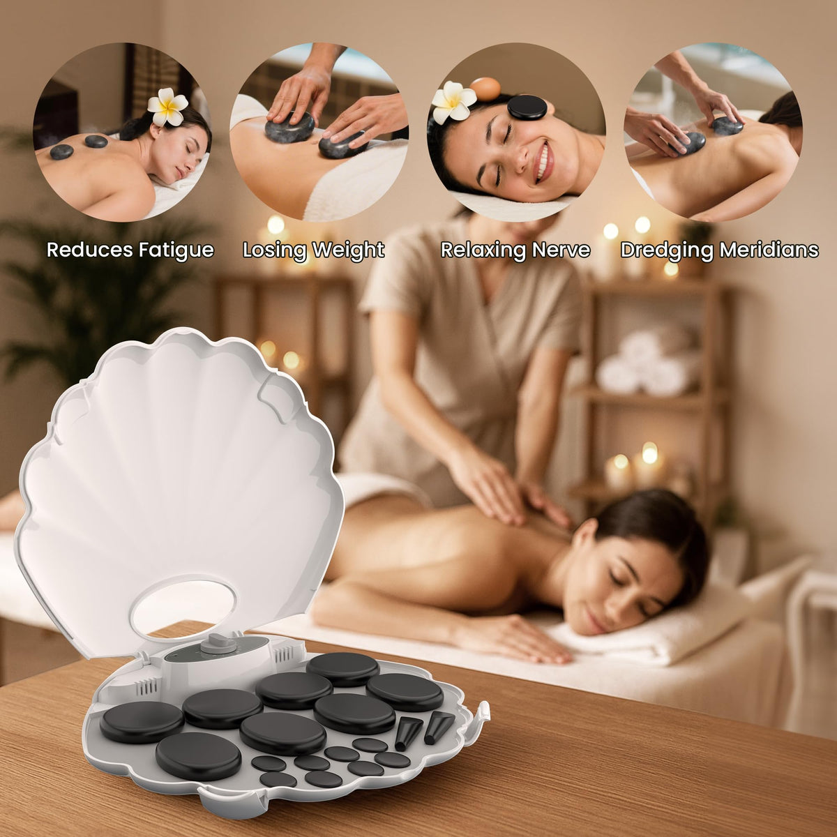 StateRiver Shell Hot Stones Massage Set, 18-Piece Basalt Hot Stones with Heater Kit, Featuring an Elegant Seashell Design for Spa Use. Perfect for Relaxation, Healing, and Pain Relief. （White）