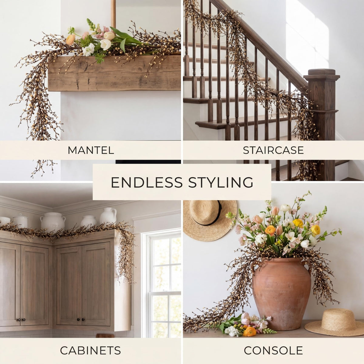 Quixem 60 Inch (5FT) Rustic Grey Cream and Tan Pip Berry Garland for Fireplace Mantel & Table Runner, Flexible Wired Artificial Vine, Everyday Farmhouse Decor, Precise Size