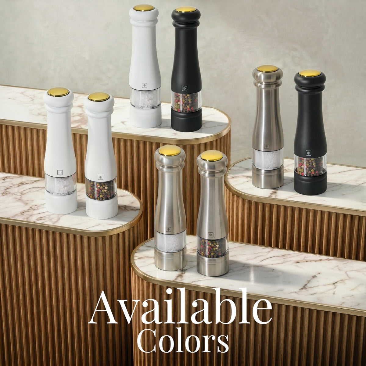 Electric Salt and Pepper Grinder Set - Styled Settings White Electric Salt and Pepper Shakers, Automatic Stainless Steel Set with LED Light, Battery Operated, Adjustable Coarseness, Wood Base