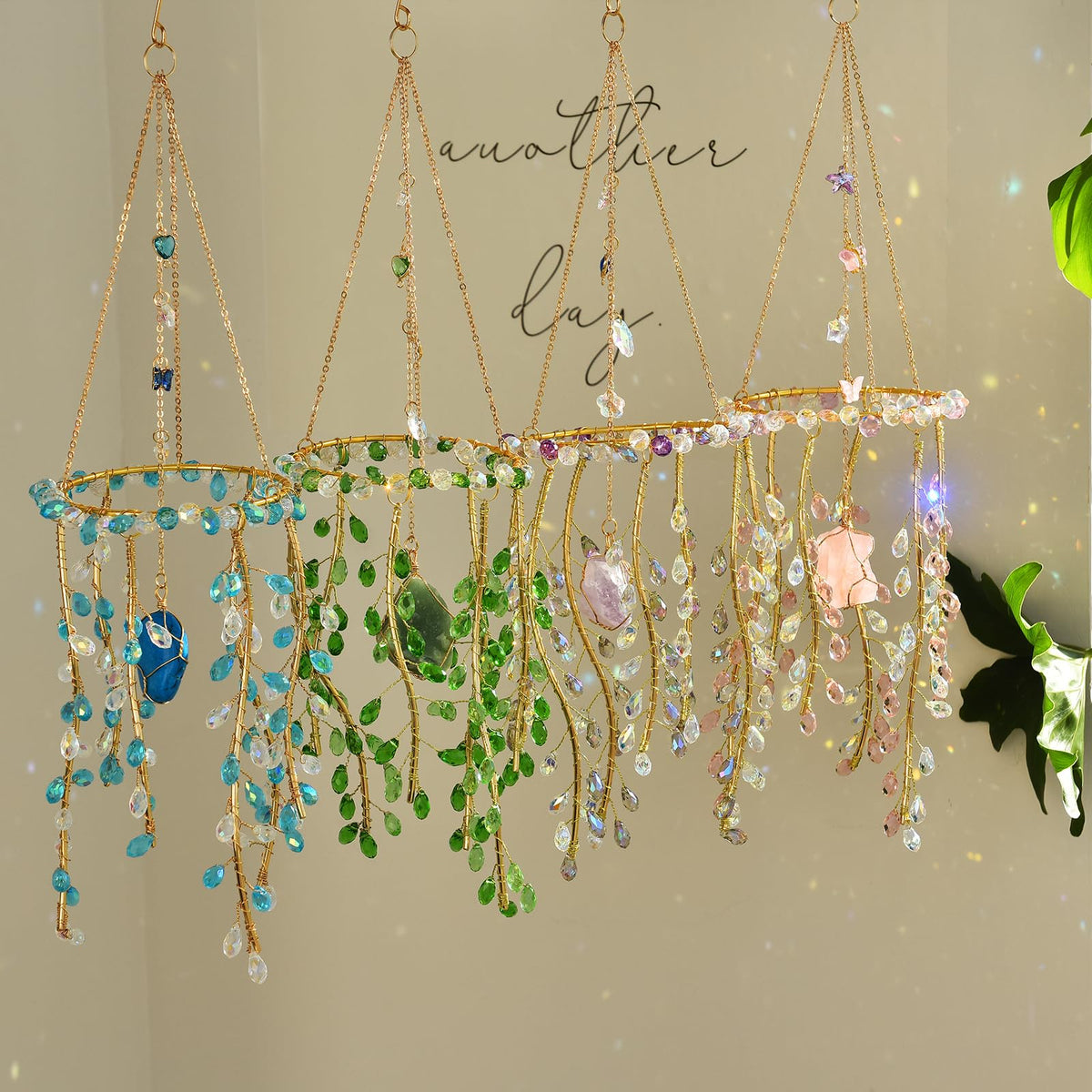 Crystal Hanging Suncatcher with Natural Stone, 16.9 Inch Decorative Wind Chime, Gold Chain & Branch Design (Purple)