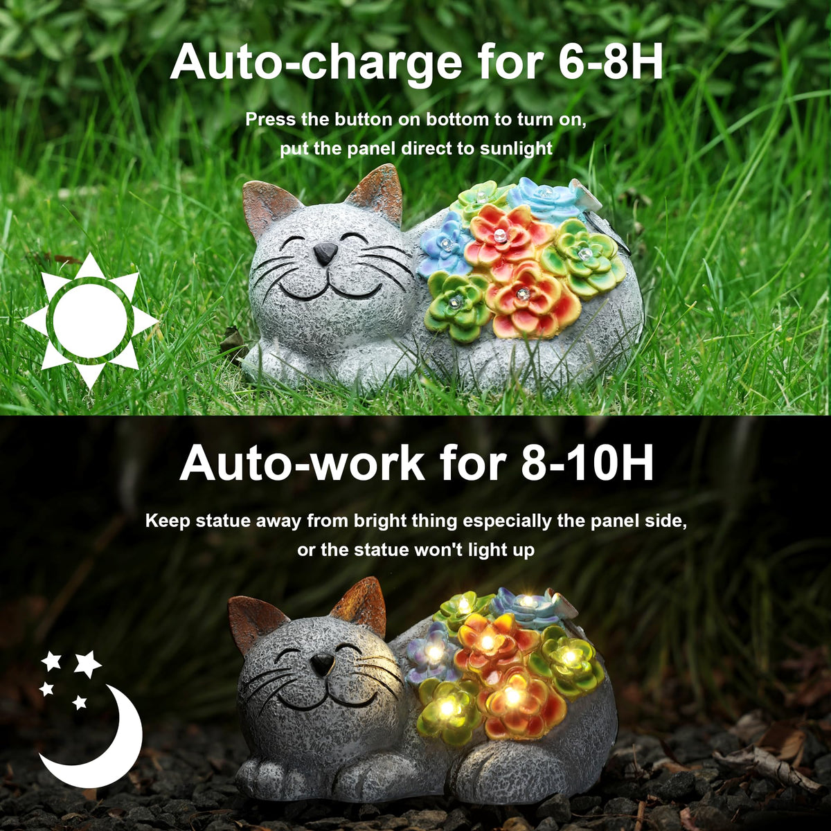 Otdair Solar Garden Decor Cat, Cat Lover Gifts with Succulent and 7 LED Lights for Outside,Outdoor Solar Lights for Yard, Garden and Patio, Unique Gift for Women