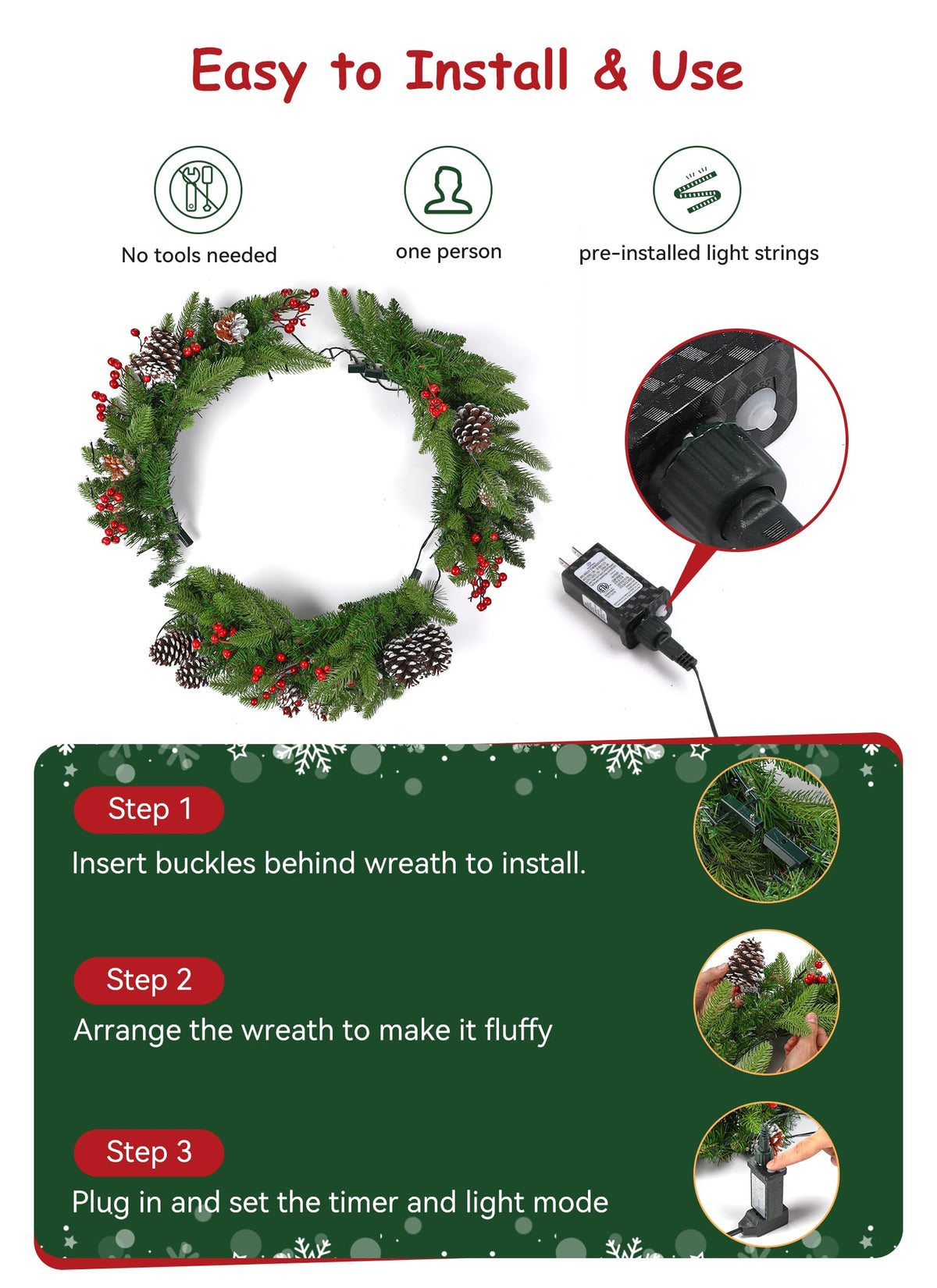 Brightown 24 Inch Pre-Lit Artificial Christmas Wreaths for Front Door,Christmas Decorations Indoor with Pine Cones & Berry Clusters, Christmas Wreath with 50 Lights for Fireplace Wall Window, Plug-in