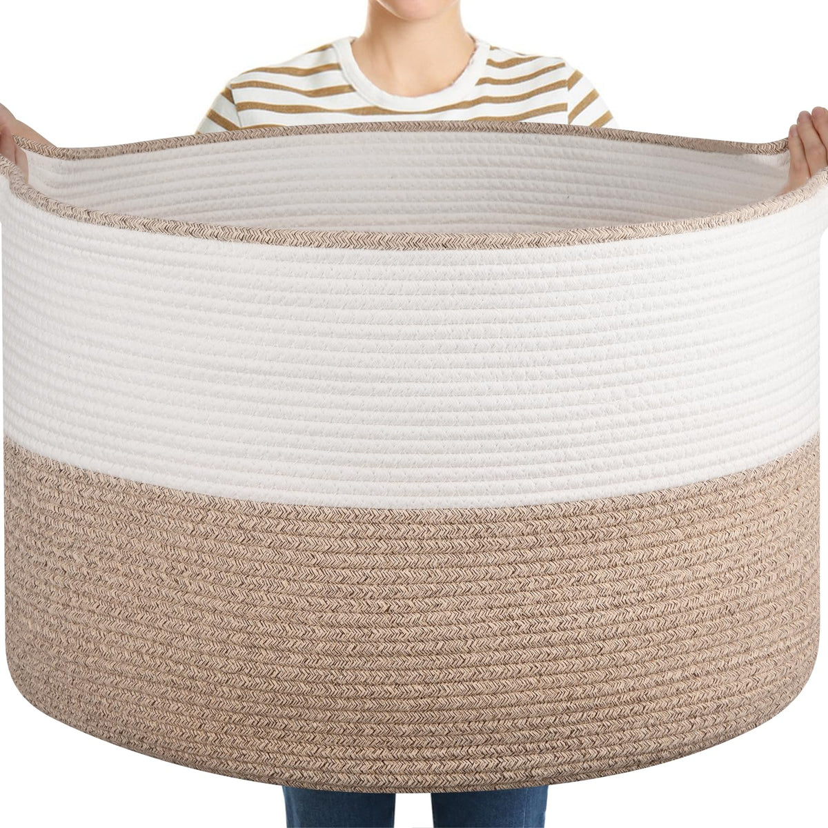 OIASKET XXL Large Blanket Basket with Handles, 105L Woven Storage Basket for Living Room, Cotton Rope Baby Toy Storage for Clothes, Pillows, Towels-Brown & White
