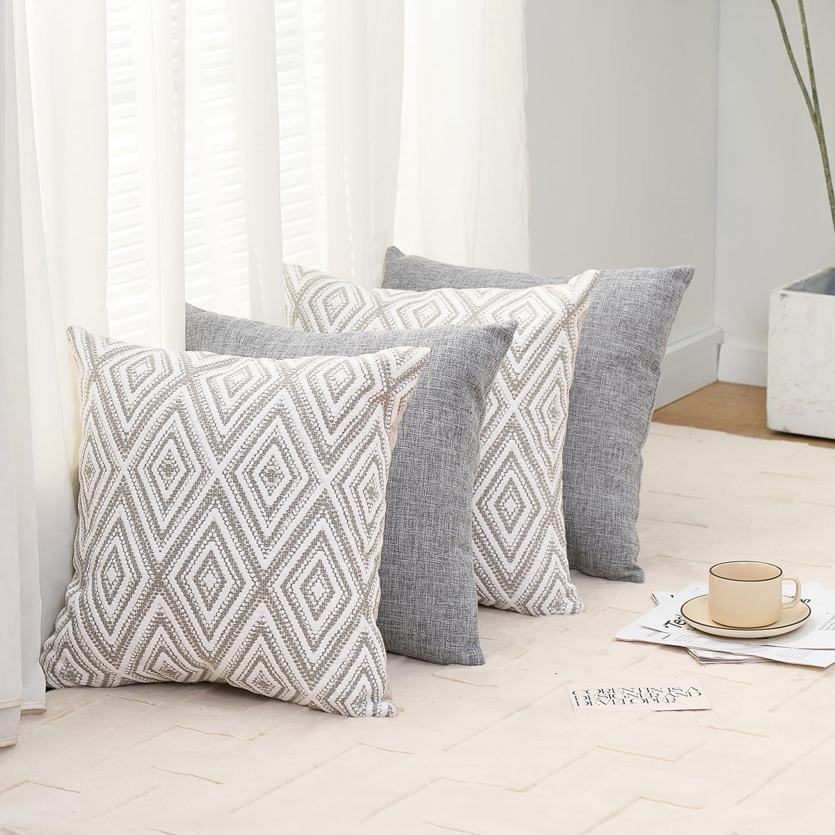 HPUK Throw Pillow Covers 18x18 Inch Set of 4, Linen Decorative Pillow Covers, Accent Cushion Covers for Couch Sofa Bed Bedroom Living Room Décor, Grey