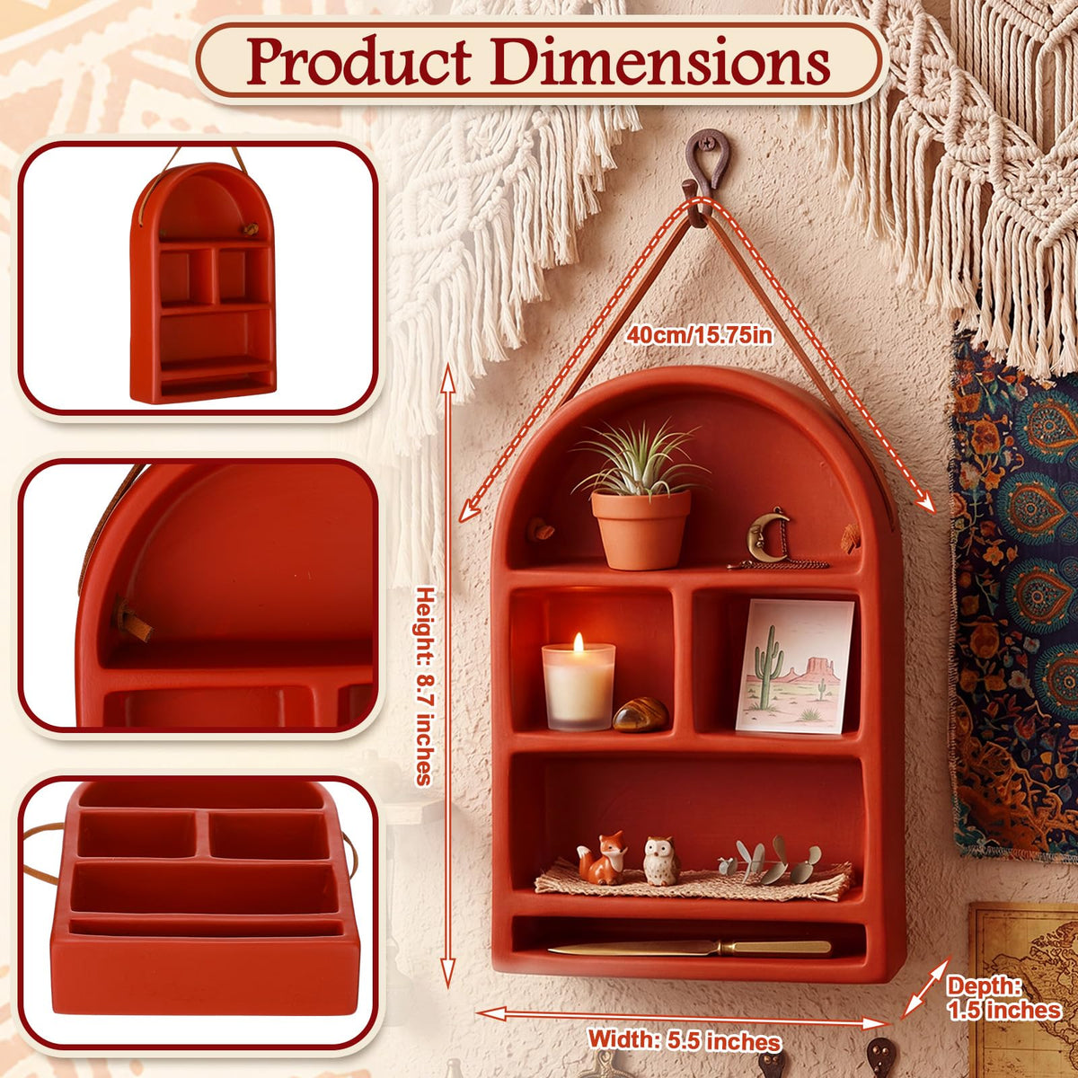 Ferrochef Nordic Arch Shelf 5.5 x 8.7 Inch Ceramic Arched Wall Cabinet Floating Wall Shelves with Hanging Rope for Miniature Display and Trinket Storage Shrine Home Decor(Terra Cotta)