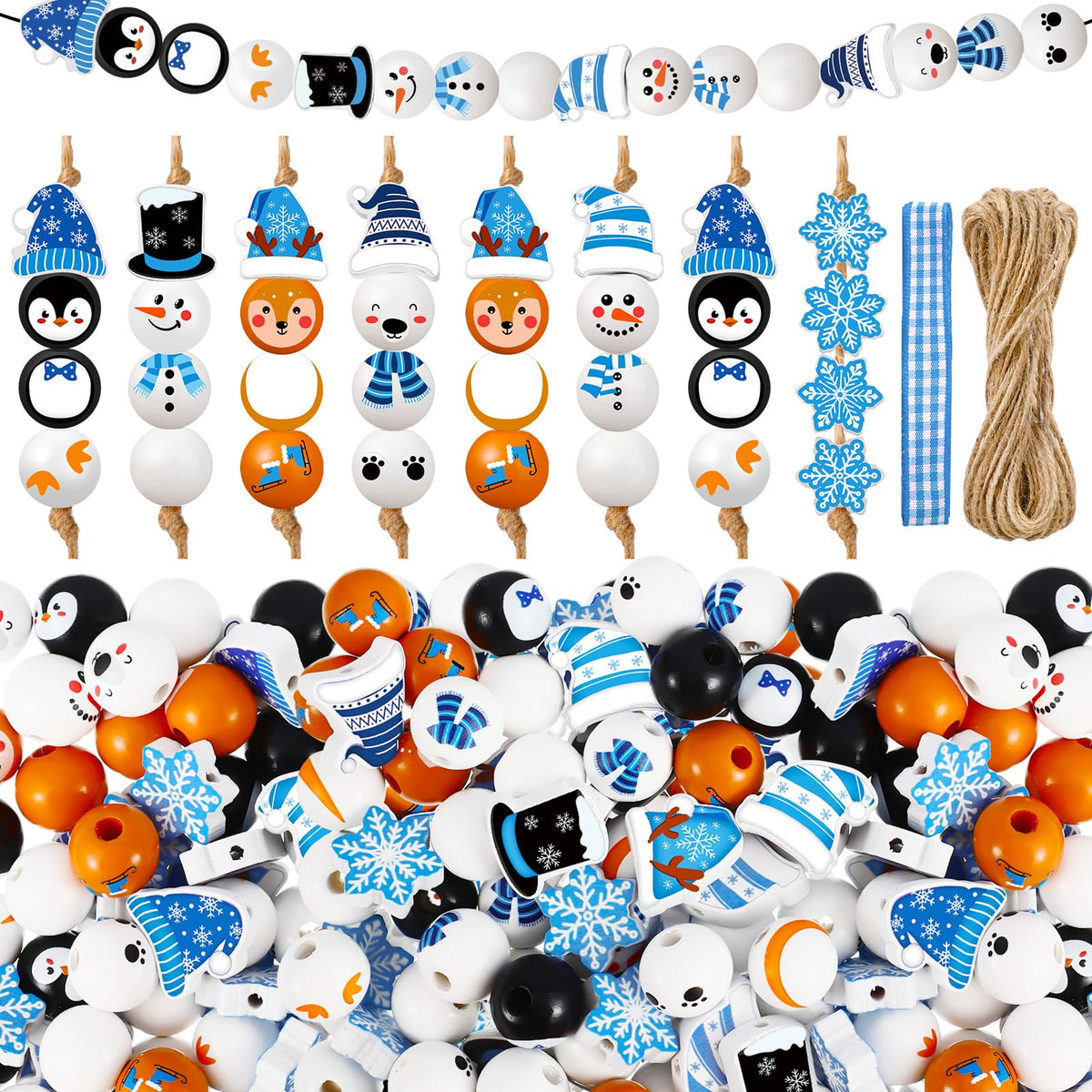 Cinnvoice 240 Pcs Summer Christmas in July Wood Beads with Twine Snowman Gingerbread Man Nutcracker Wooden Bead Garland DIY Crafts Round Beads for Xmas Party Decor(Classic Winter)