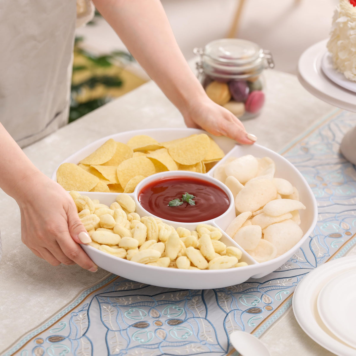 ZAROCRUS White Chip and Dip Serving Set, Divided Serving Platter Set, 4 Section Appetizers and Cheeses Serving Tray, Compartment Dishes for Party, Christmas, Dessert, Fruit, Candy, 13-inch, Set of 2