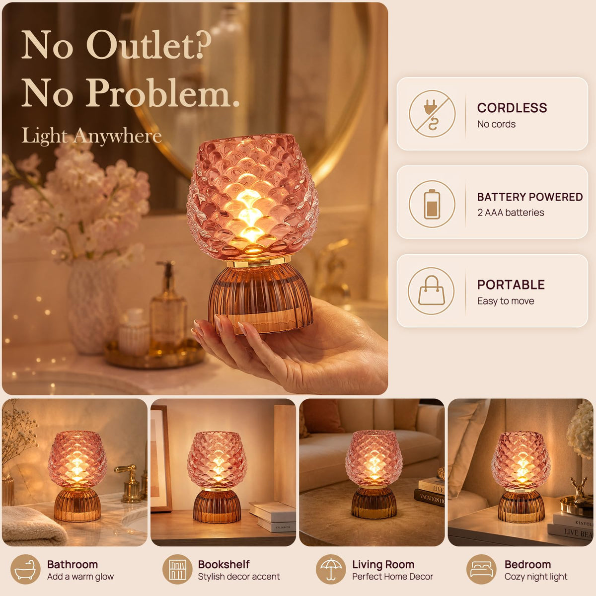 SisiHokai Battery Operated Lamp with Timer, Cute Small Cordless Glass Table Lamp for Home Decor, Kitchen, Bathroom, Birthday Gift for Women, Pinecone, Pink