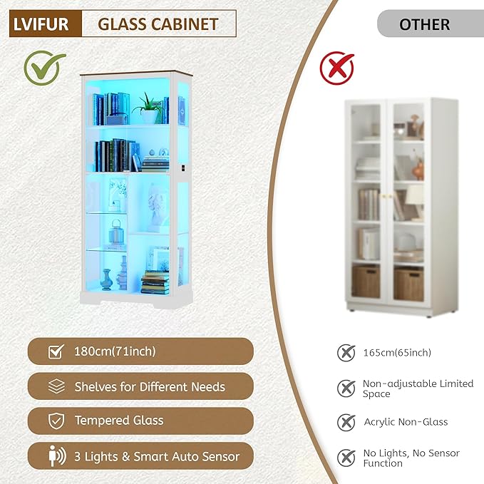 71” Display Cabinet with Glass Doors, Modern Curio Cabinet with 3 Color Lights