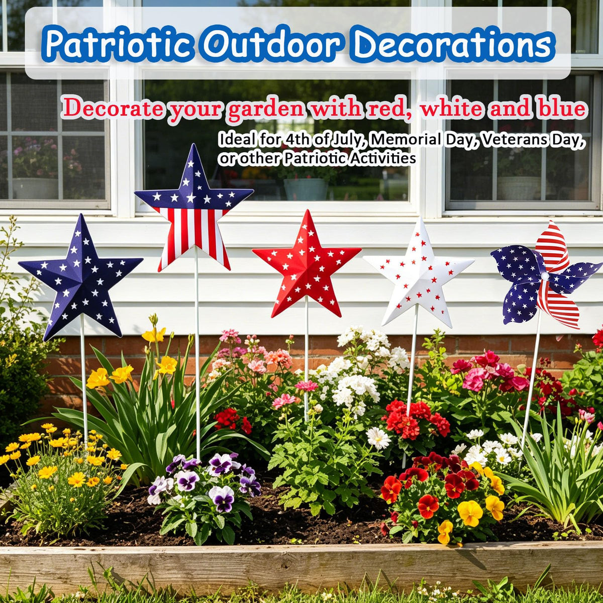 Nalanzhou 13Pcs 4th of July Outdoor Decoration Garden Stakes, 250th Patriotic Plastic USA Shape Yard Signs, Red White Blue Star Planter Stakes Pinwheels for Independence Day Memorial Day Anniversary
