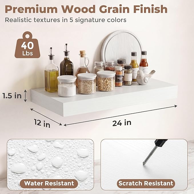 12 inch Deep Floating Shelves for Wall, 24 inch Wide Engineered Wood Wall