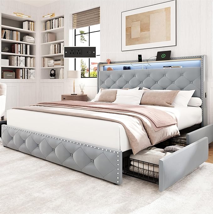 LARMACE King Size Bed Frame Velvet Upholstered LED Tufted King Platform Bed and