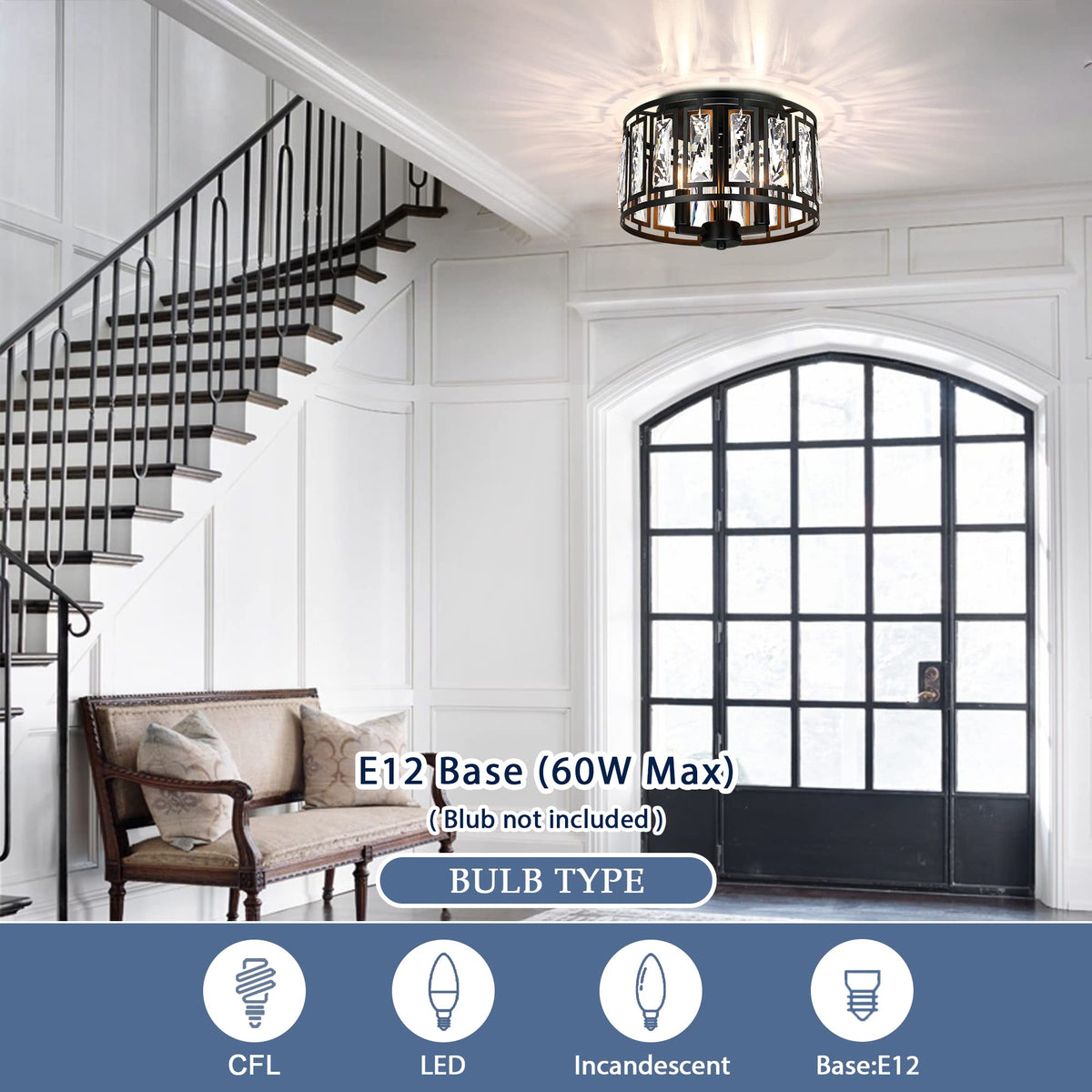 Giiland Crystal Ceiling Light Flush Mount for Bedroom, Kitchen Island Crystal Drum Shade Lighting Fixture, 3-Light Black Ceiling Lamp for Dining Room