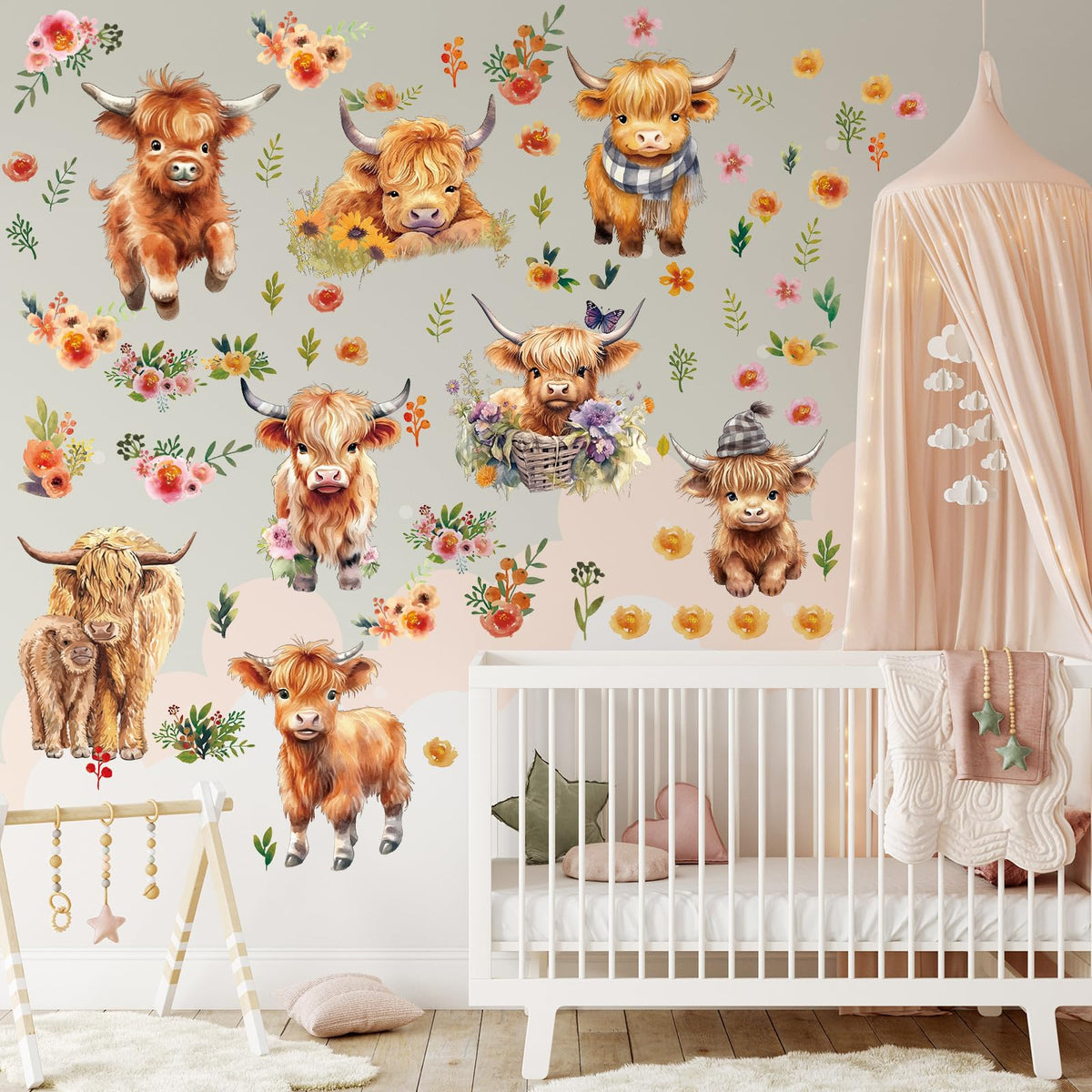 Yinder 12 Sheet 78 Pcs Highland Cow Wall Decals Baby Wall Stickers Cute Highland Cow Sticker for Kids Baby Room Bedroom Bathroom Classroom Living Room Nursery Decor