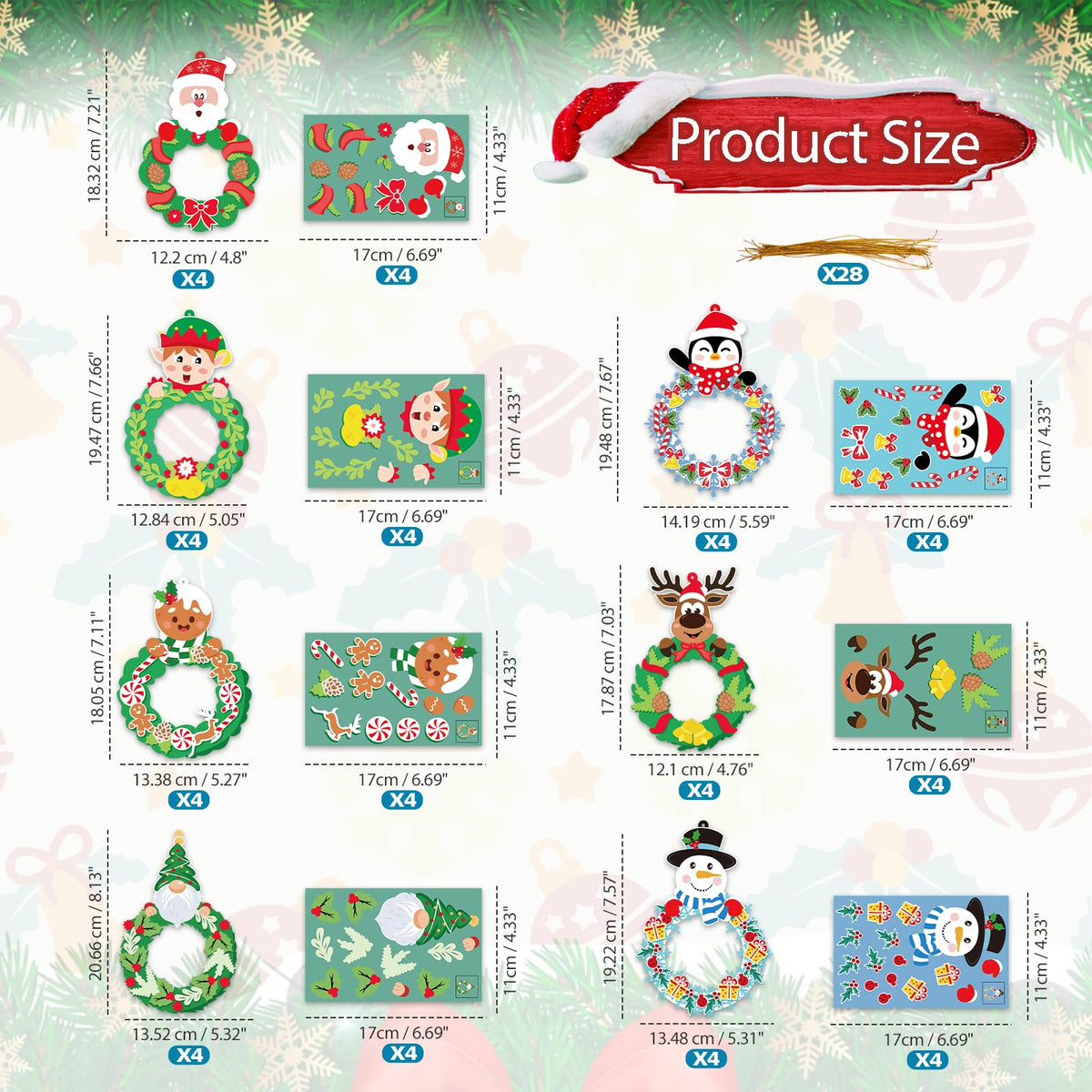 VABAMNA 28 Pack Christmas Picture Frame Craft Kit for Kids, Christmas Wreath Kit DIY Photo Frame Paper Crafts Gingerbread Snowman Hanging Ornaments for Xmas Tree Winter Art Home Classroom Activities
