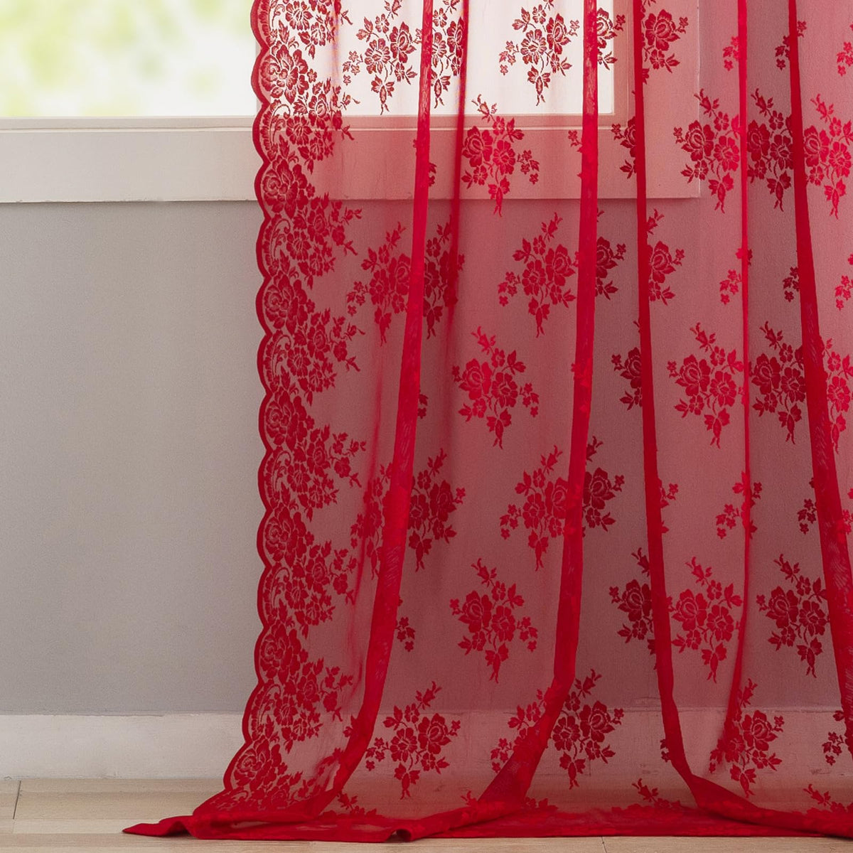 Kotile Red Sheer Lace Curtains 96 Inches Long, W52 x L96 Inch, 2 Panels Country Rustic Floral Red Lace Curtains for Living Room, Rod Pocket Privacy Light Filtering Christmas Sheer Window Curtain