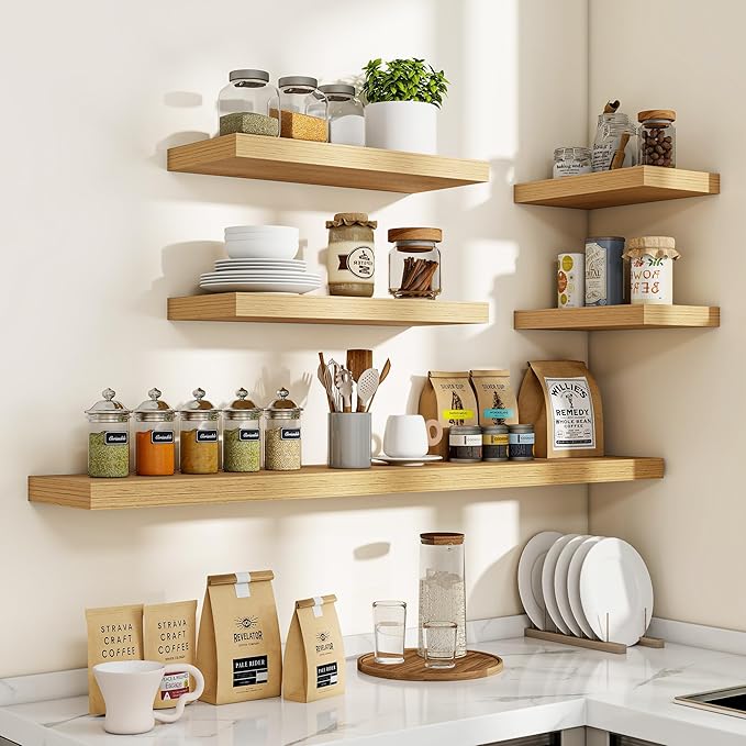 Acovy 16 Inch Floating Shelves, 3D Textured Wood Grain, Wooden Shelves