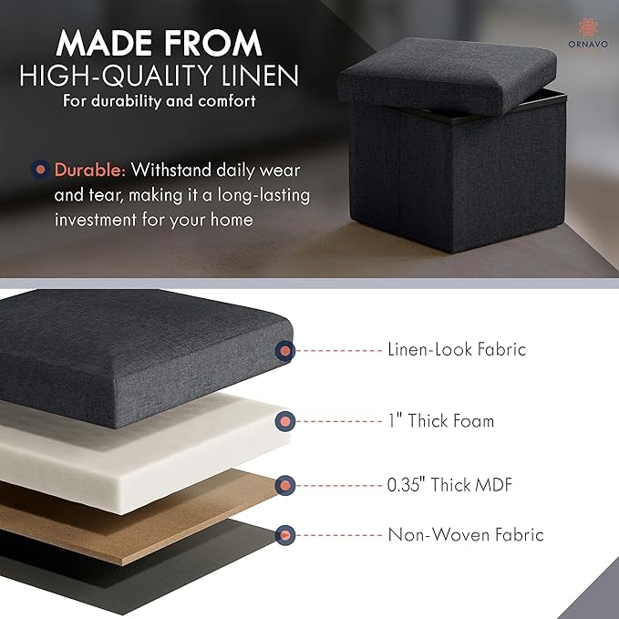 Ornavo Home Small Storage Ottoman Foldable Collapsible Cube Square Linen
