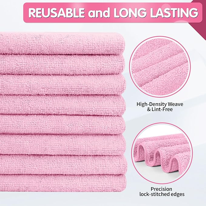 FIXSMITH Pink Microfiber Cleaning Cloth -Pack of 8, Highly Absorbent Cleaning