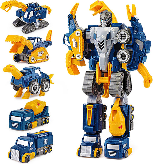 Skiennix Toddler Construction Car Transform Set - 5-Piece Dinosaur Rescue Robot with Magnetic Connectors | DIY STEM Building Trucks for Kids Ages 3-7