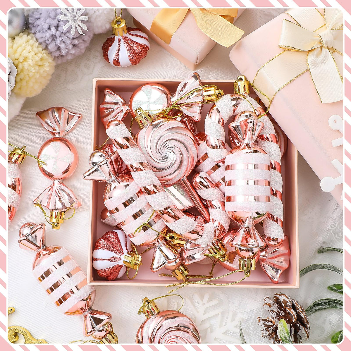 Realspring 30 Pcs Christmas Candy Ornaments Peppermint Candy Cane Christmas Decorations Plastic Lollipop Hanging Ornaments with Rope for Xmas Tree Party Holiday Supplies(Pink White)
