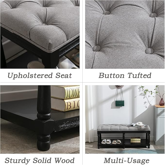 Farmhouse Storage Bench Wooden Entryway Linen Upholstered Ottoman Button Tufted