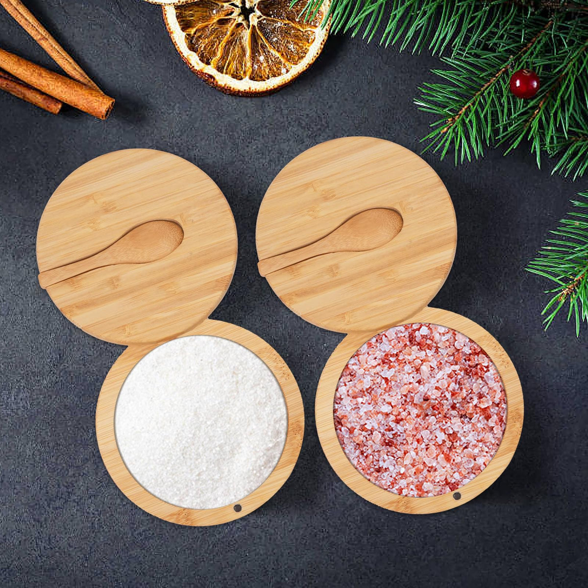 FHUIEWRY 3Pcs Bamboo Salt Cellar, Salt Box Bowl with Magnetic Swivel Lid & Spoon, Round Salt Container Holder Spice Box with Label Stickers to Storage Pepper Spice Sea Herbs Sugar for Countertop,6 OZ