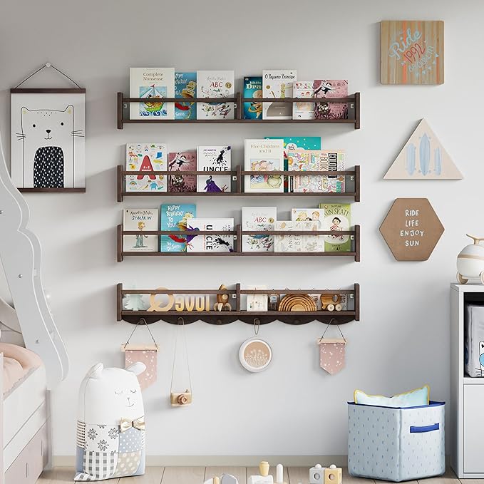 34Inch Nursery Bookshelves, Wall Floating Shelf Kids Coat Rack