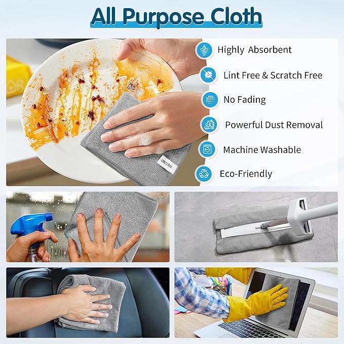 FIXSMITH Grey Microfiber Cleaning Cloth -Pack of 12, Highly Absorbent Cleaning