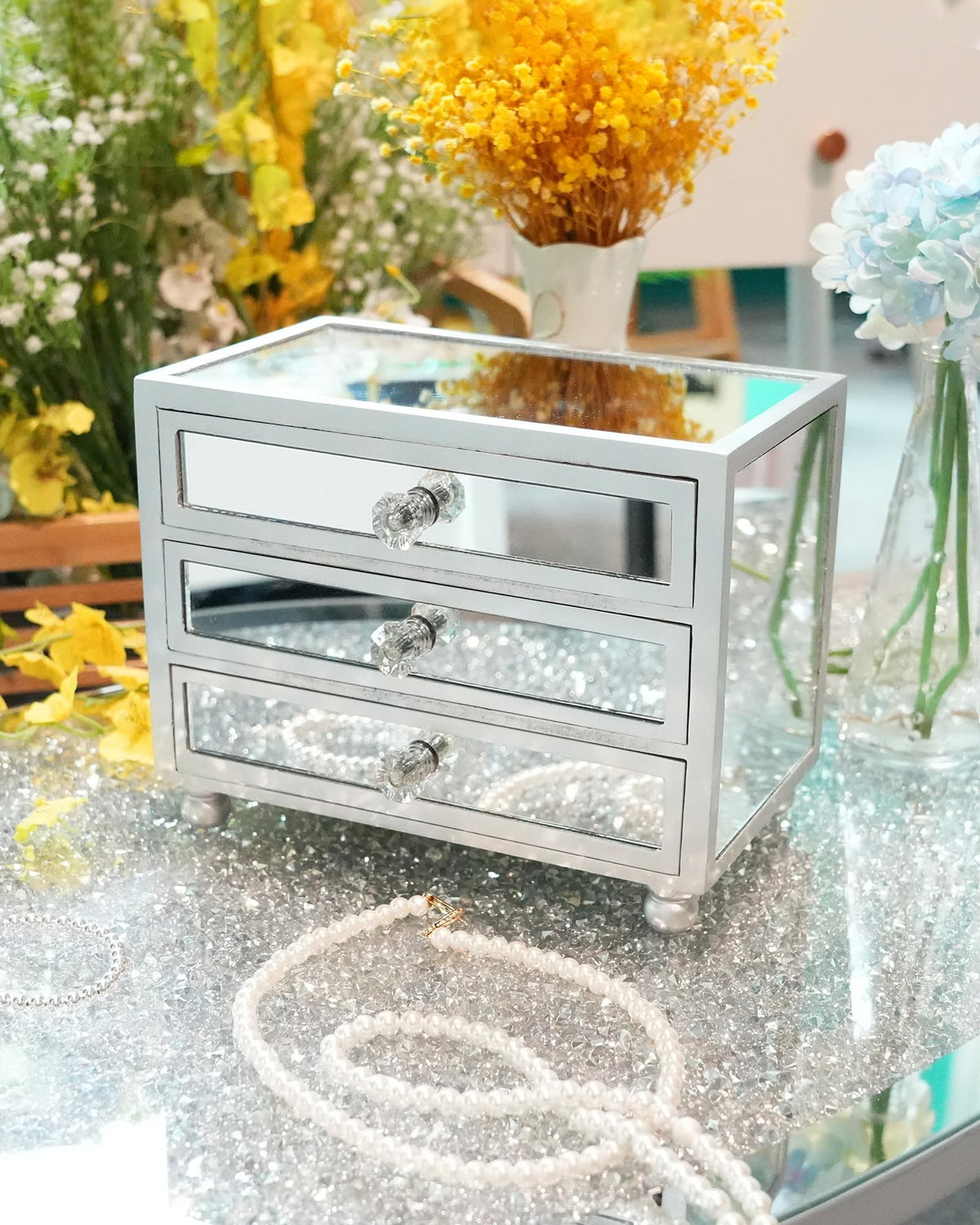 Gifturbo 3 Layer Mirrored Glass Jewelry Box, Large Capacity Women's Storage Box with Velvet Interior and Crystal Handle