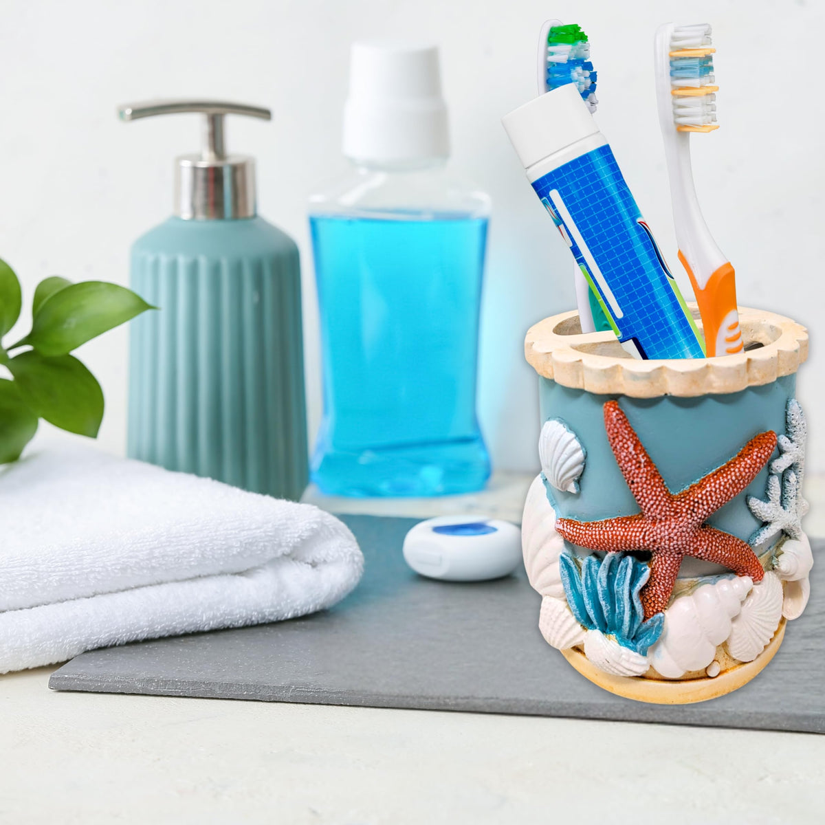Seaside Splendor Toothbrush Holder – Beautifully Detailed 3D Ocean Elements, Seashells, Starfish, Premium Resin for Coastal Bathrooms, Guest Baths, Beach-Themed Décor, and Nautical Home Accessories