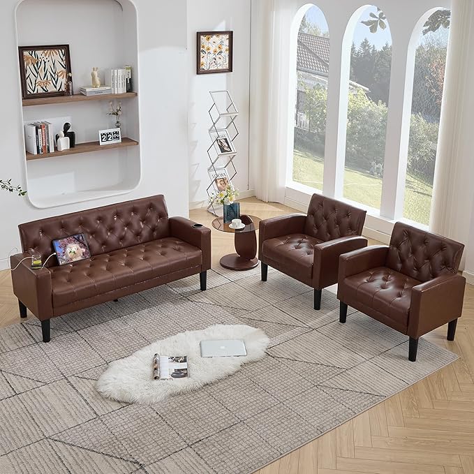 TYBOATLE 62" W Leather Loveseat w/Chairs, 3 Piece Sofa Sets