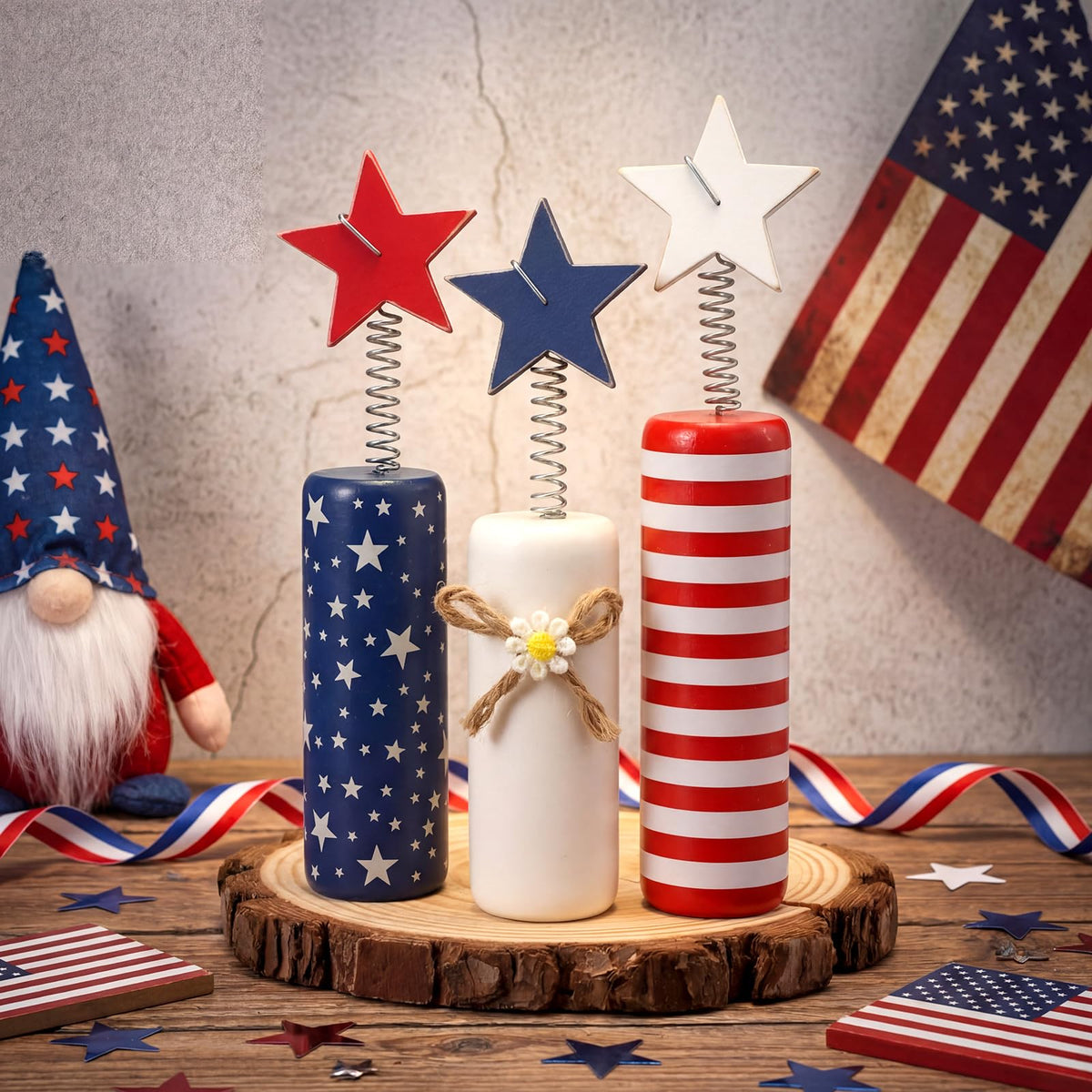Qunclay 3 Pcs 4th of July Table Decor Firework Tiered Tray Decor Patriotic Memorial Day Table Centerpieces Red White Blue Wood Stars 250th Anniversary Rustic Farmhouse Decoration for Independence Day