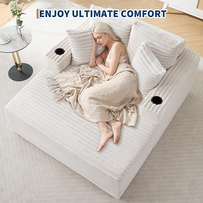 GarveeHome 64in Oversized Corduroy Fabric Bone-Free Sofa Bed Cloud Sofa