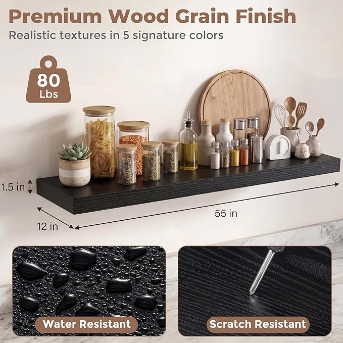 12 inch Deep Floating Shelves for Wall, 55 inch Wide Engineered Wood Wall