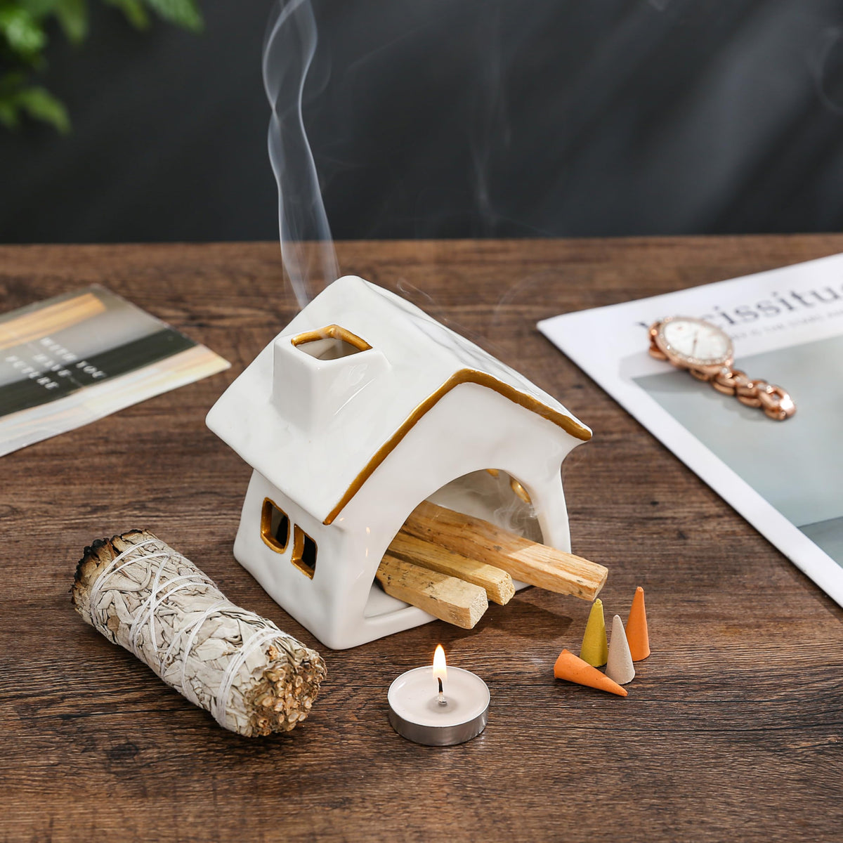 YIASSON Palo Santo Holder Chimney, Sage Holder for Burning, Palo Santo Burner, Sage Burner, Ceramic Christmas Cabin&Mini Chiminea Incense Burner, House Tea Light Burner, Smudge Bowl, Incense Holder